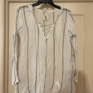 Billabong Cream and Gray Striped Lace-Up Top Beach coverup